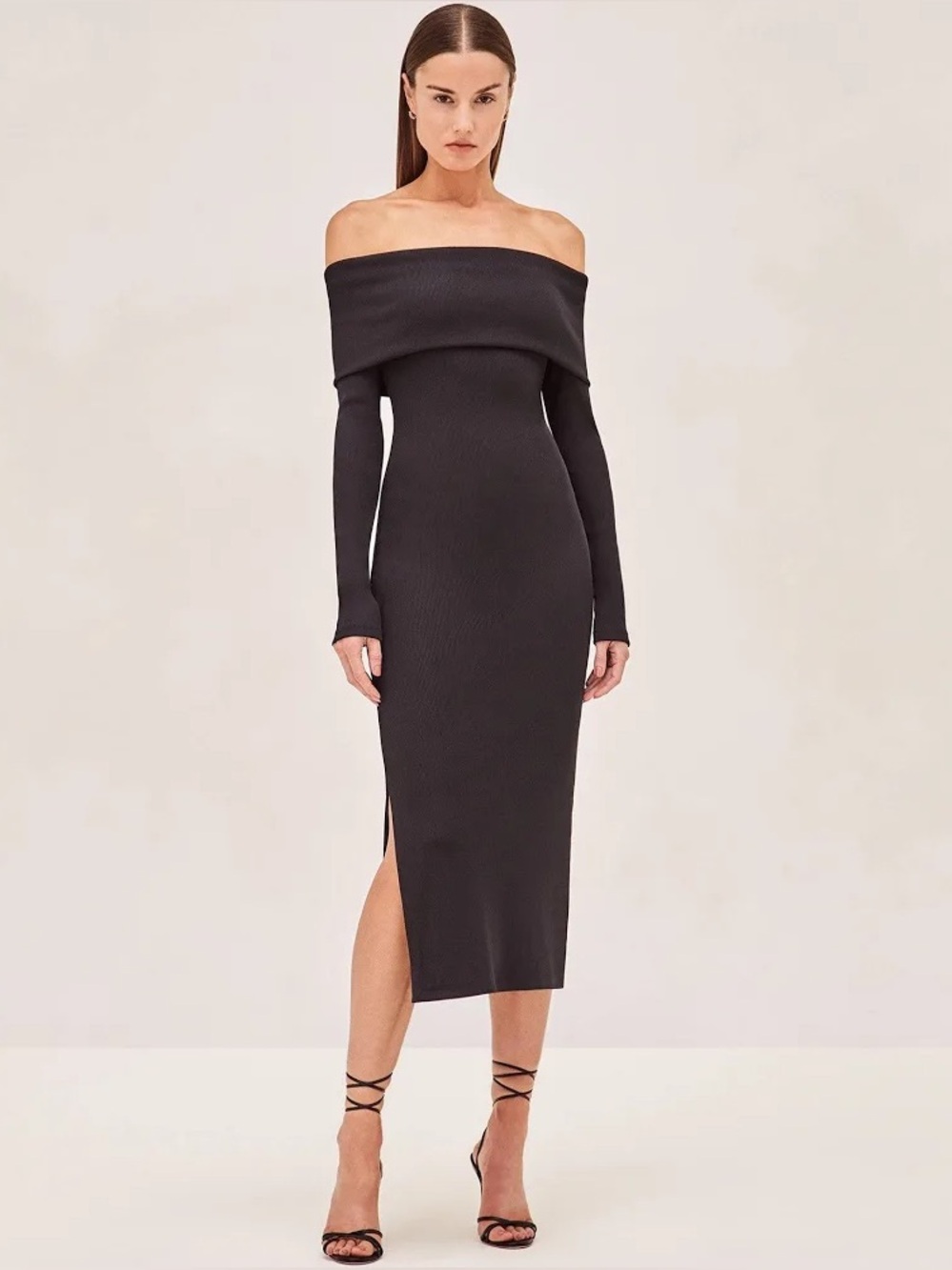 Alexis Justine Off-Shoulder Knit Noir Black Long Sleeve Midi Dress Size XS NWT